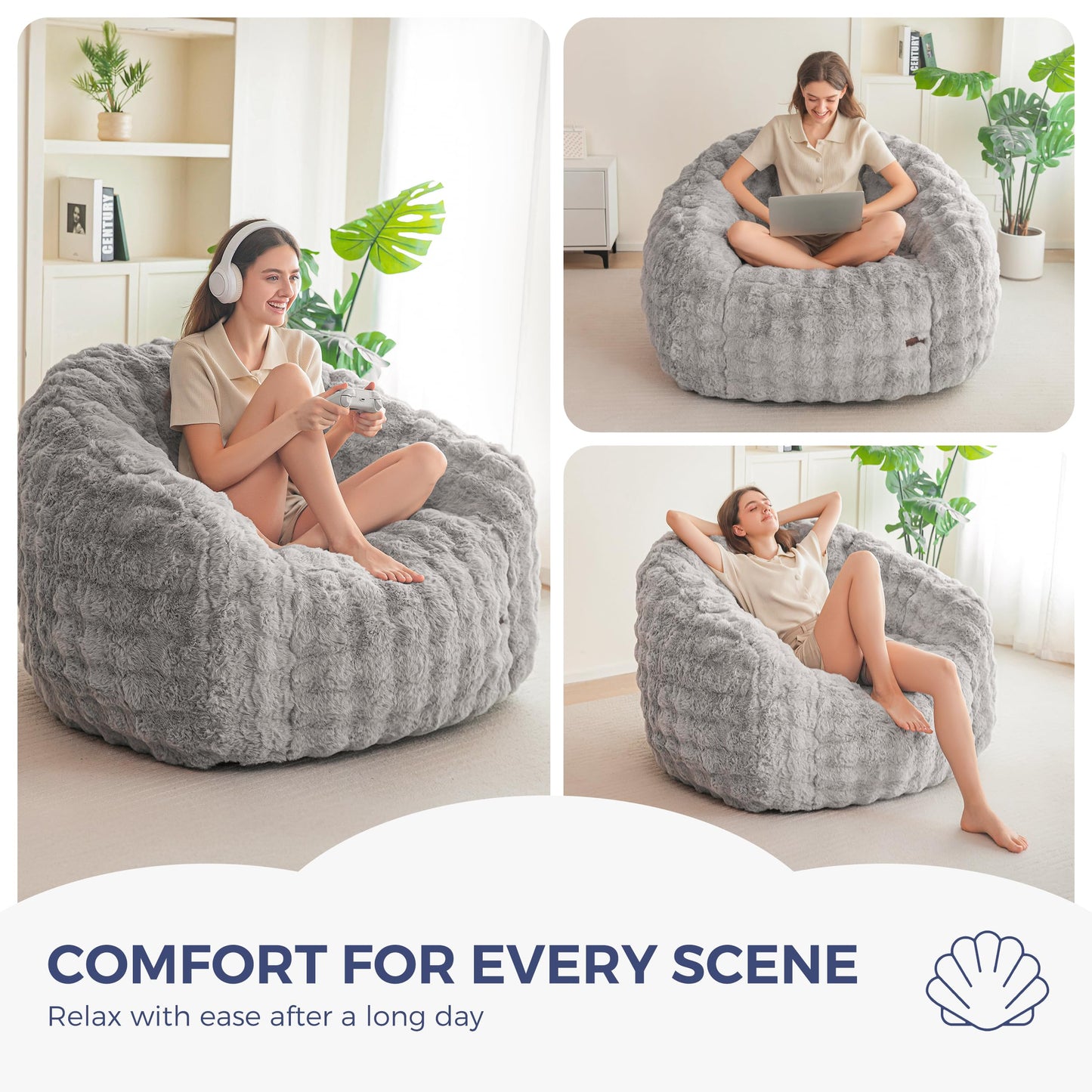 MAXYOYO Giant Bean Bag Chair for Adults, Stuffed Shell-Shaped Large Bean Bag Couch, Cozy Living Room Chair with Filler, Floor Sofa Lazy Sofa for Bedroom Living Room, Grey