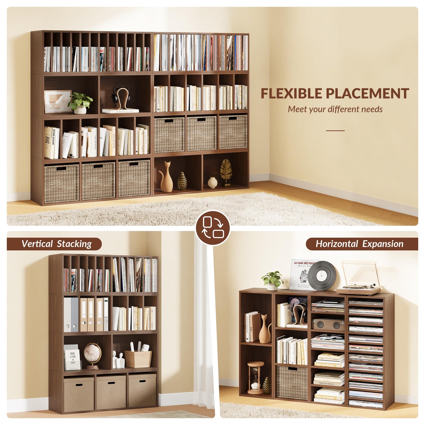 IOTXY DIY Modular Cube Bookcase - CubeXY Customizable Stackable Expandable Combination Set, 23-Cube Open Bookshelf for Books, Fabric Storage Bin, and 7/10-inch Vinyl Record Organizer, Walnut