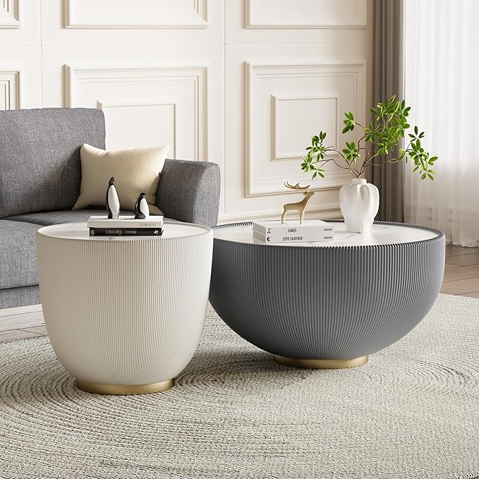 Round Marble Coffee Table 27.56" Bucket Shaped Fluted Coffee Table