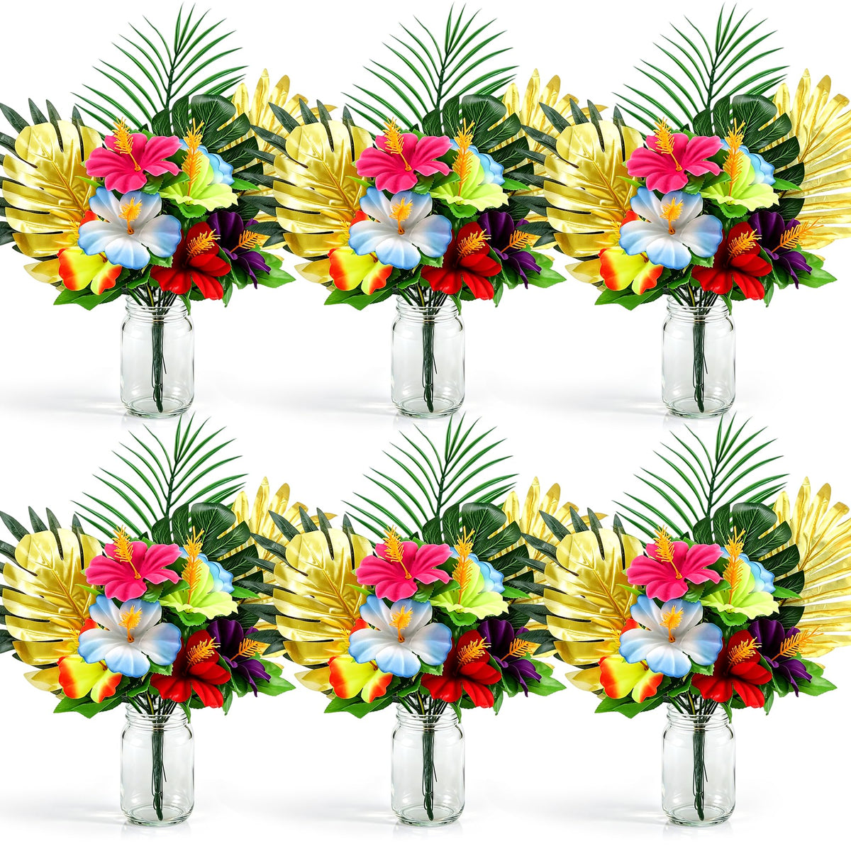 Fovths 6 Pack Hawaiian Flower Centerpieces with Mason Jars Artificial Hibiscus Bouquet Monstera Palm Leaves Tropical Mason Jars Centerpieces for Table, Luau, Jungle, Beach Party Decorations