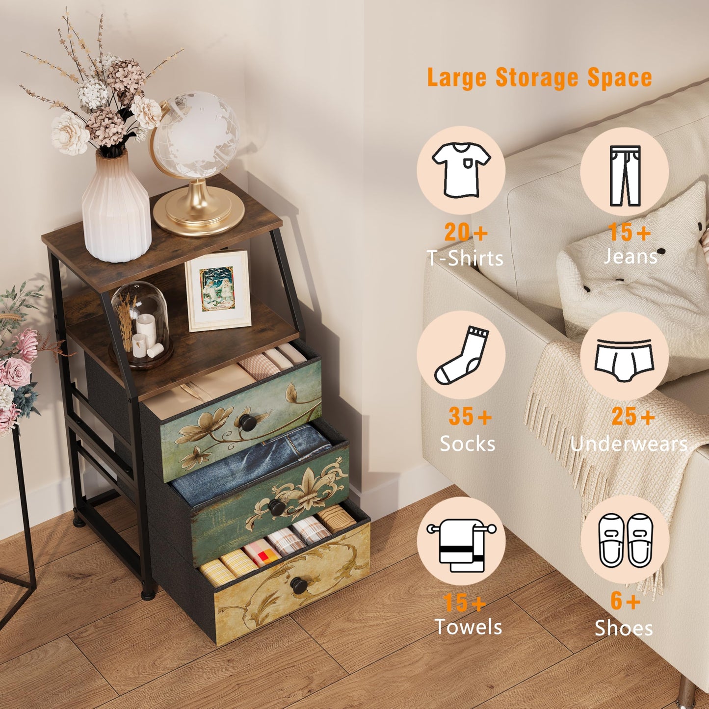 Tohomeor Dresser with Fabric Drawers Nightstand with 2 Tier Shelf Storage Tower for Bedroom Hallway Entryway Closet Organizer Sofa Beside Table Furniture (Multi, 3 Drawers)