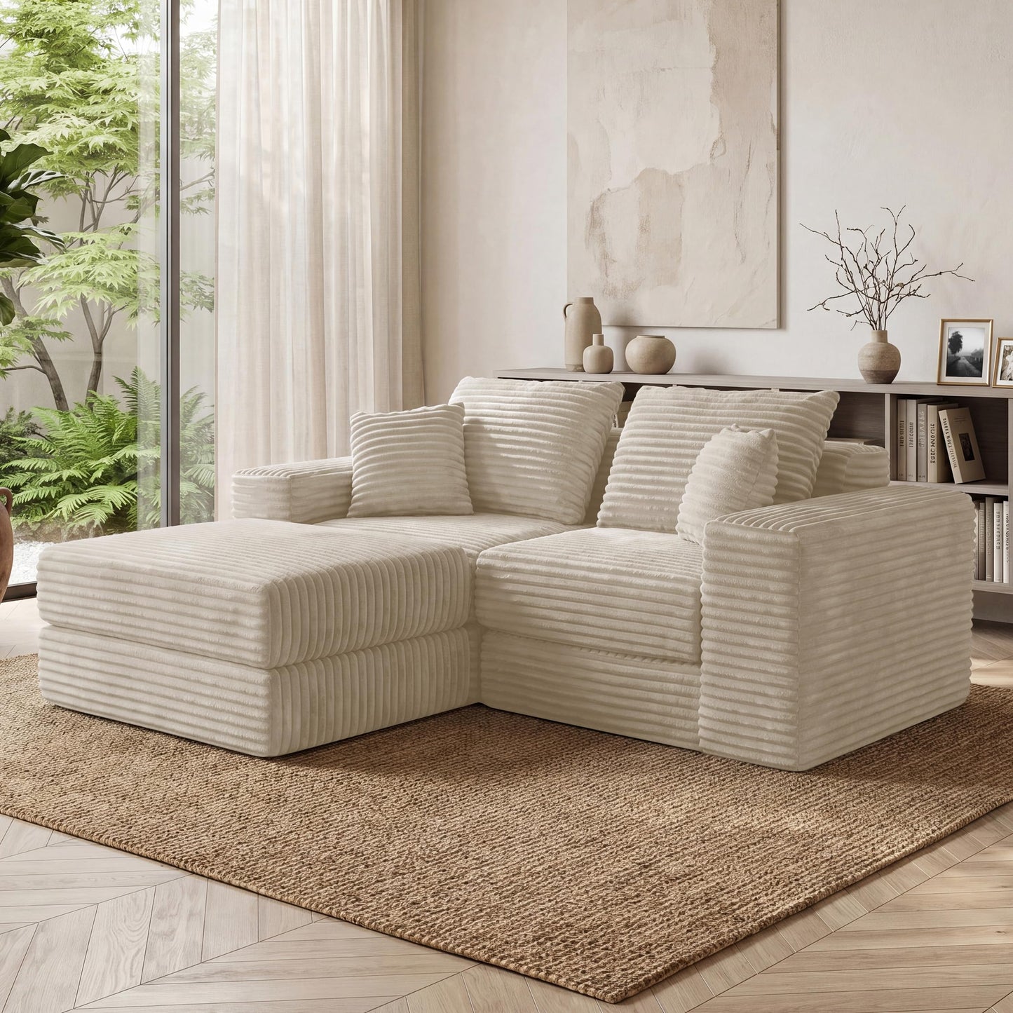75'' L-Shaped Cloud Modular Sectional Couch with Chaise, Modern Corduroy Memory Foam Sofa Bed, Upholstered Boneless Deep Seat Fluffy Sleeper Sofa, for Living Room, No Assembly Needed (Beige)