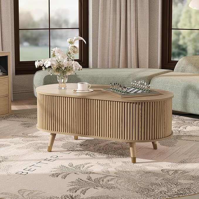SULIVES Oval Coffee Table with Storage, Small Fluted Center Table