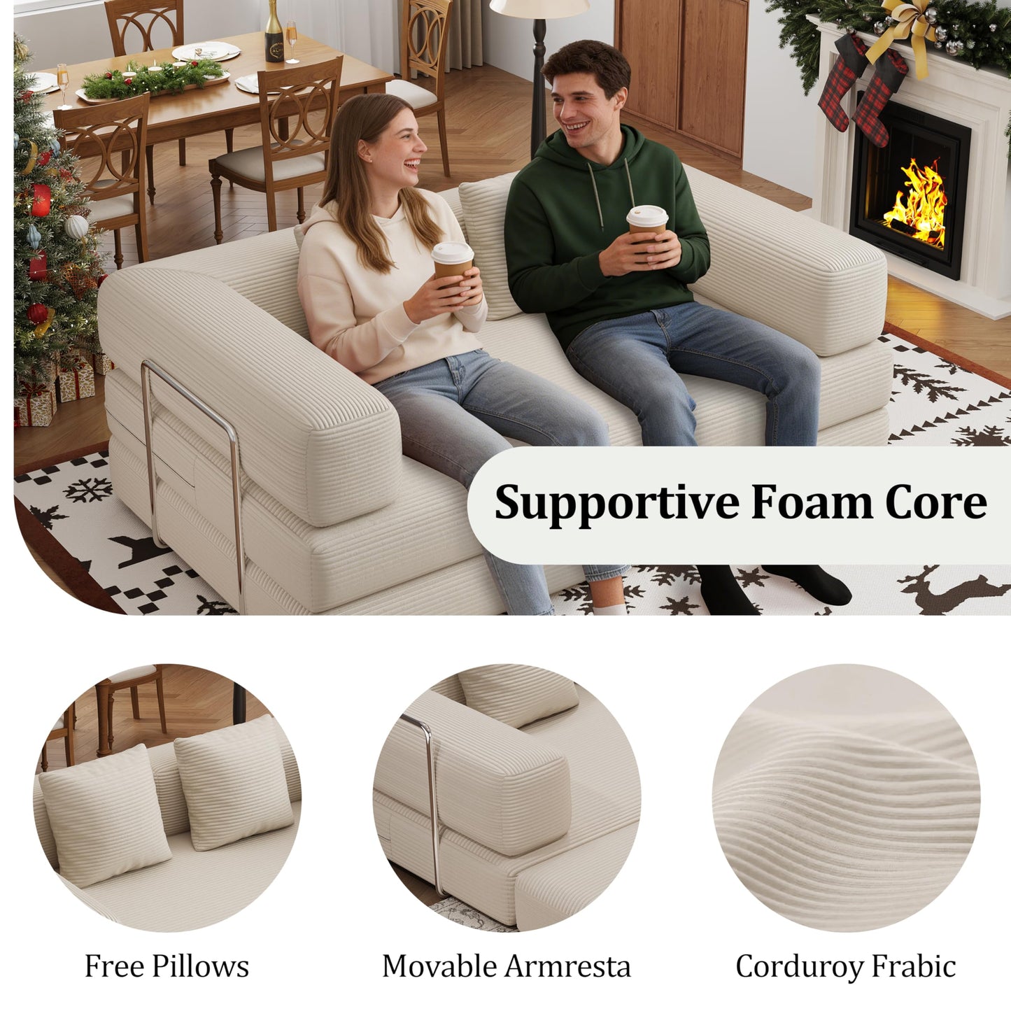 59.0 Inch Convertible Sofa Bed, 4-in-1Futon Sofas Bed Pull Out Sleeper Couch, Modern Deep Seat Sofa for Living Room, Corduroy Boneless Couches for Bedroom, Apartment, No Assembly Beige, 2 Seat
