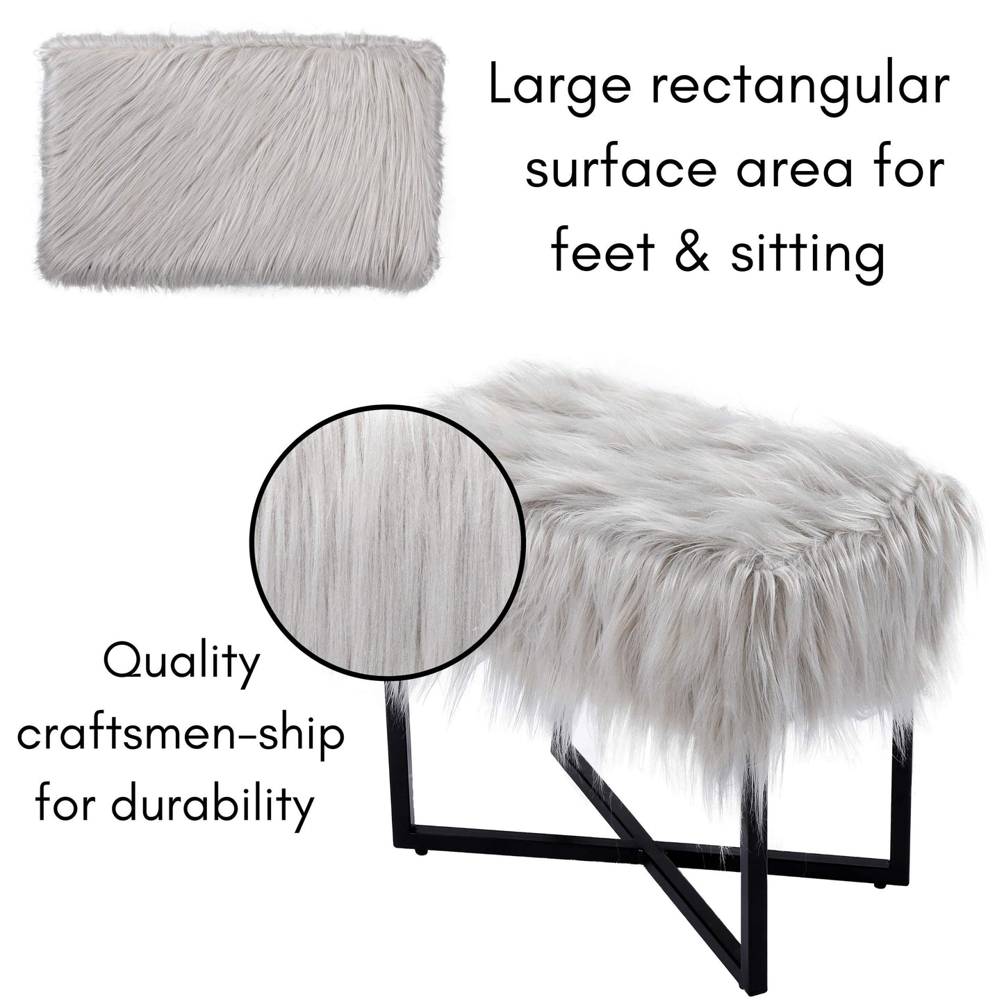 BIRDROCK HOME Rectangular Faux Fur Vanity Foot Stool Ottoman with Metal Legs - Small Soft Padded and Fluffy Makeup Seat or Foot Rest for Bedroom, Desk, or Dressing Table (Gray and Black)