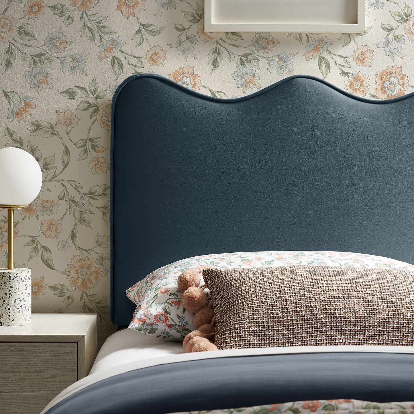 Monday Athena Twin Size Performance Velvet Adjustable Headboard in Cadet Blue - with Scalloped Wave Design and Stain-Resistant Velvet Upholstery