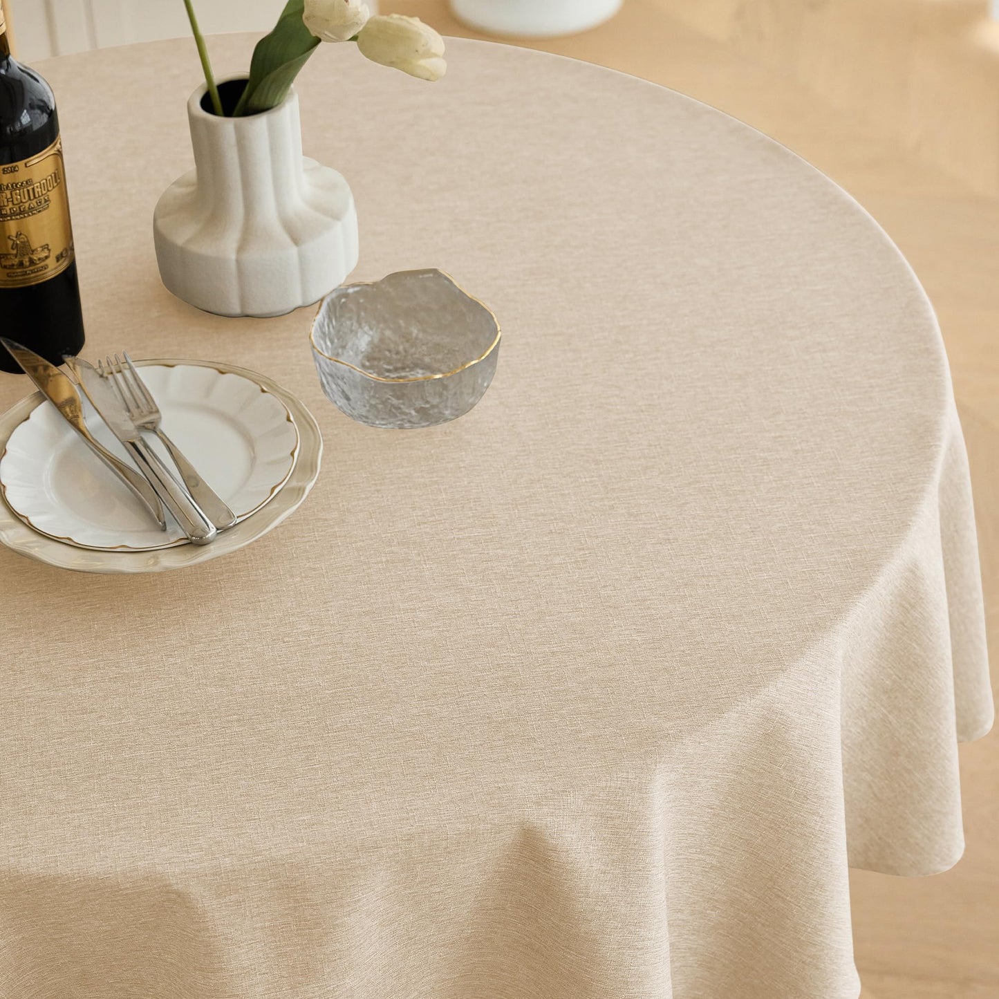Decorelia Faux Linen Round Table Cloth 60 inch, Waterproof Decorative Fabric Anti-Scratch Texture Round Tablecloth Cover for Dining, Kitchen & Outdoor Table (60 Inch, Round (2-4 Seats), Beige)