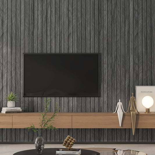 YENHOME 24"X200" Faux Wood Slat Wall Panel Peel and Stick Wood Panels for Bedroom Self Adhesive Black Wooded Slat Textured Soundproof Wall Panels for Interior Decor Ceilings Office Studio 3D Foam