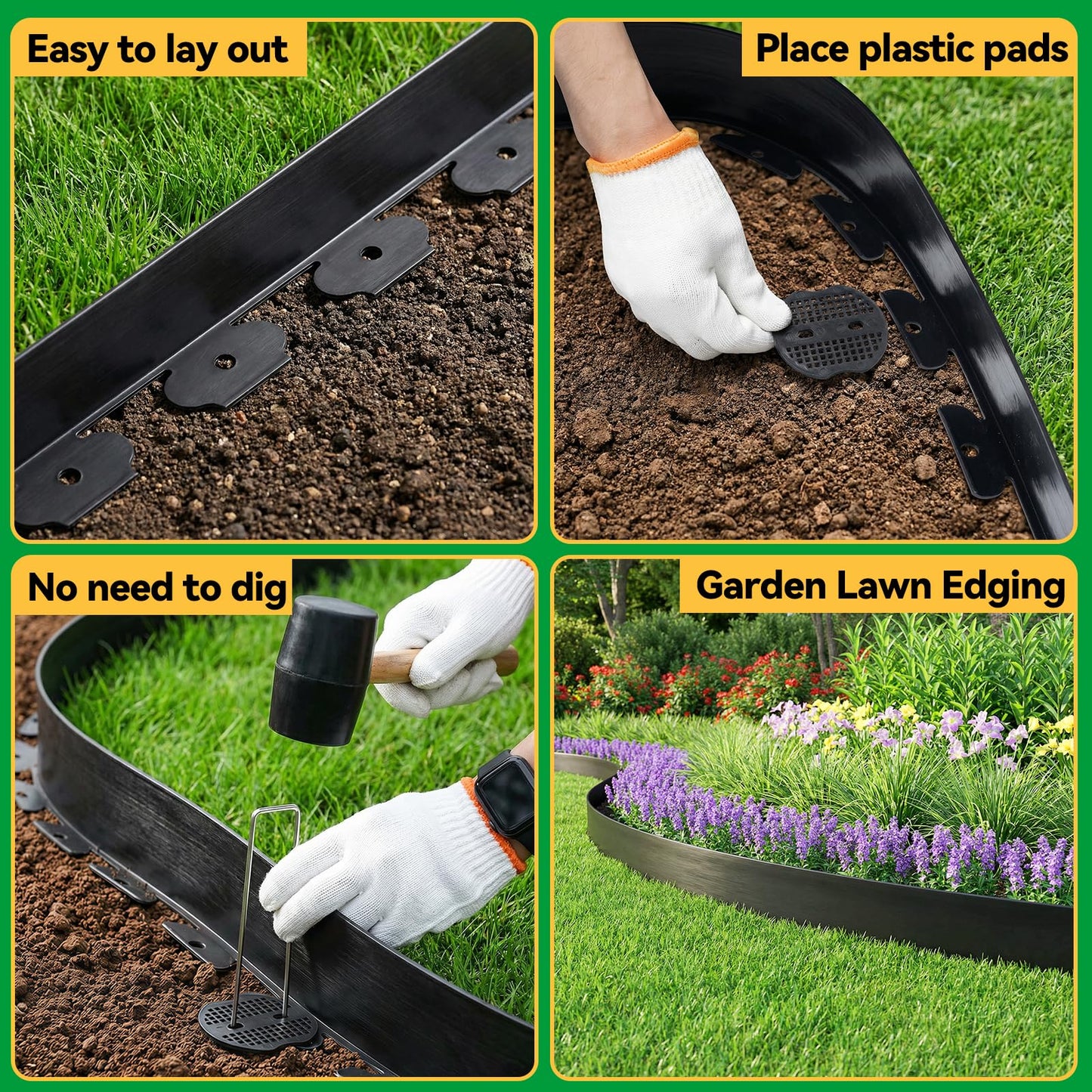 GOTGELIF No Dig Landscape Edging Border, 1.5 in x 20 FT Heavy Duty Garden Edging Kit - Includes 25 U-Shaped Stakes, Flexible Border for Lawns, Flower Beds, Patio & Walkways