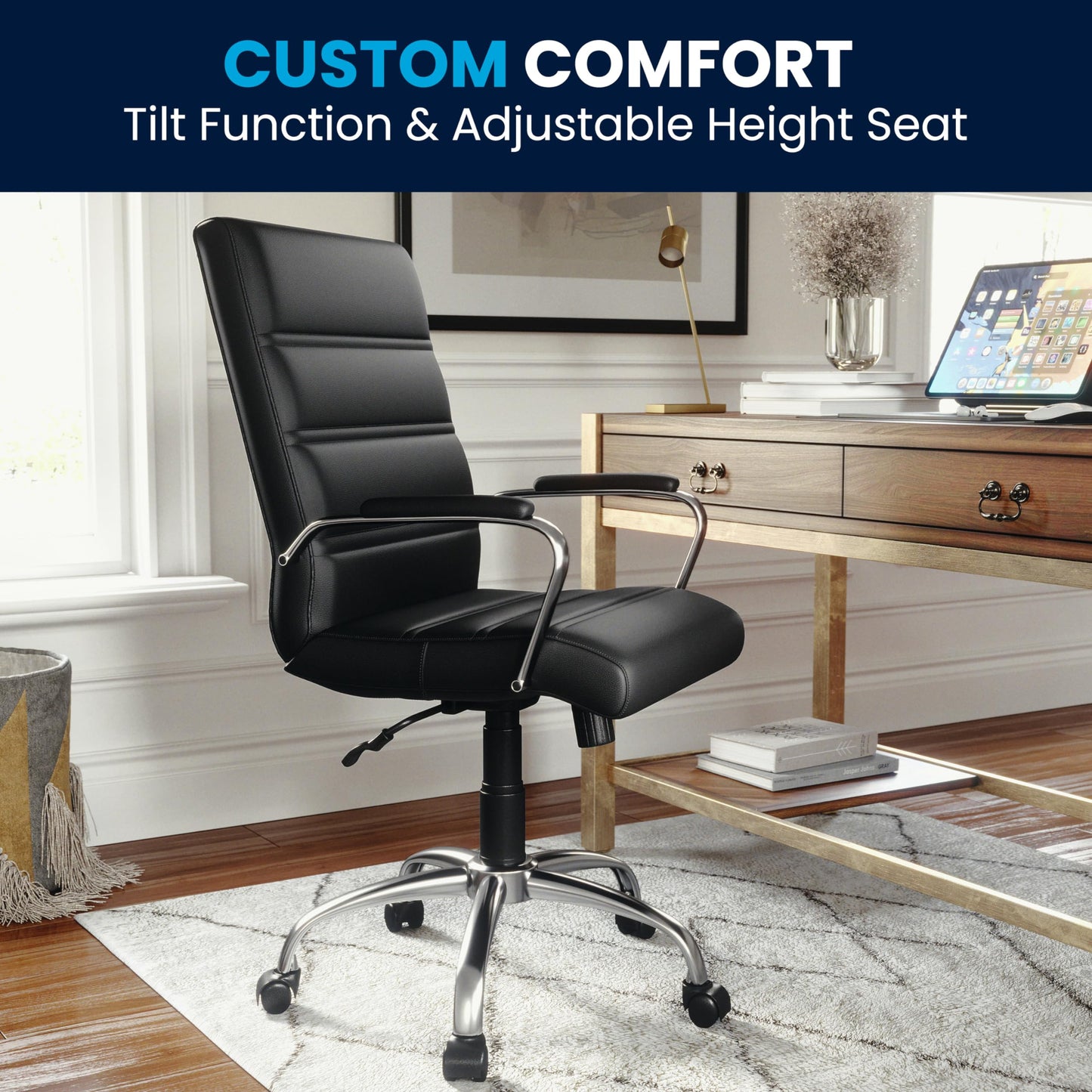 Flash Furniture Whitney Mid-Back Swivel LeatherSoft Desk Chair with Padded Seat and Armrests, Adjustable Height Padded Office Chair, Black