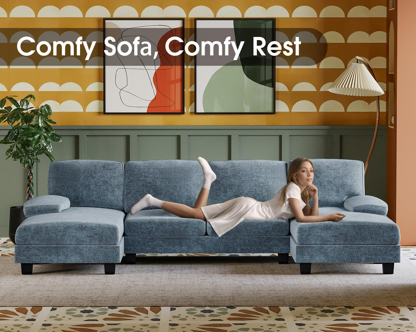 Furmax Sectional Couches for Living Room, U-Shaped Sofa Couch with Linen Fabric, 4 Seat Sofa Set with Double Chaise for Apartment (Chenille, Light Blue)