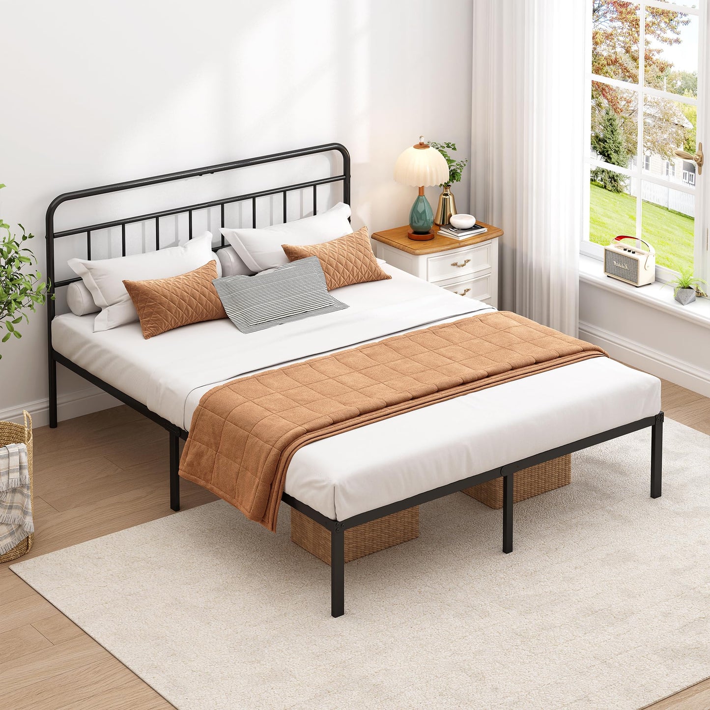 Ziguxiao Queen Bed Frame with Classic Headboard,Strong Metal Slats Support,Under Bed Storage Space,No Box Spring Needed,Easy to Assemble,Black