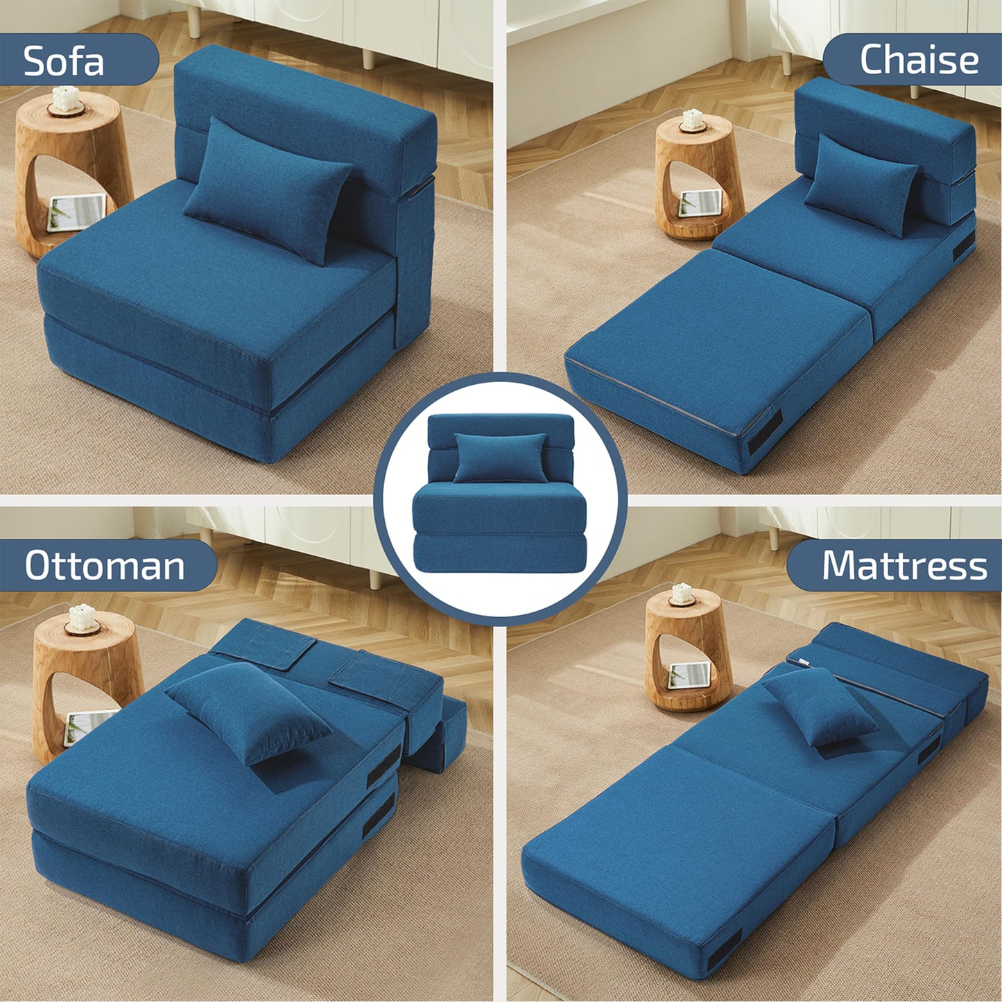 SUYOLS Folding Sofa Bed with Pillow- Convertible Chair Floor Couch & Sleeping Mattress, Foldable Memory Foam Sleeper for Living Room/Dorm/Loft, Single26 Width, Indigo