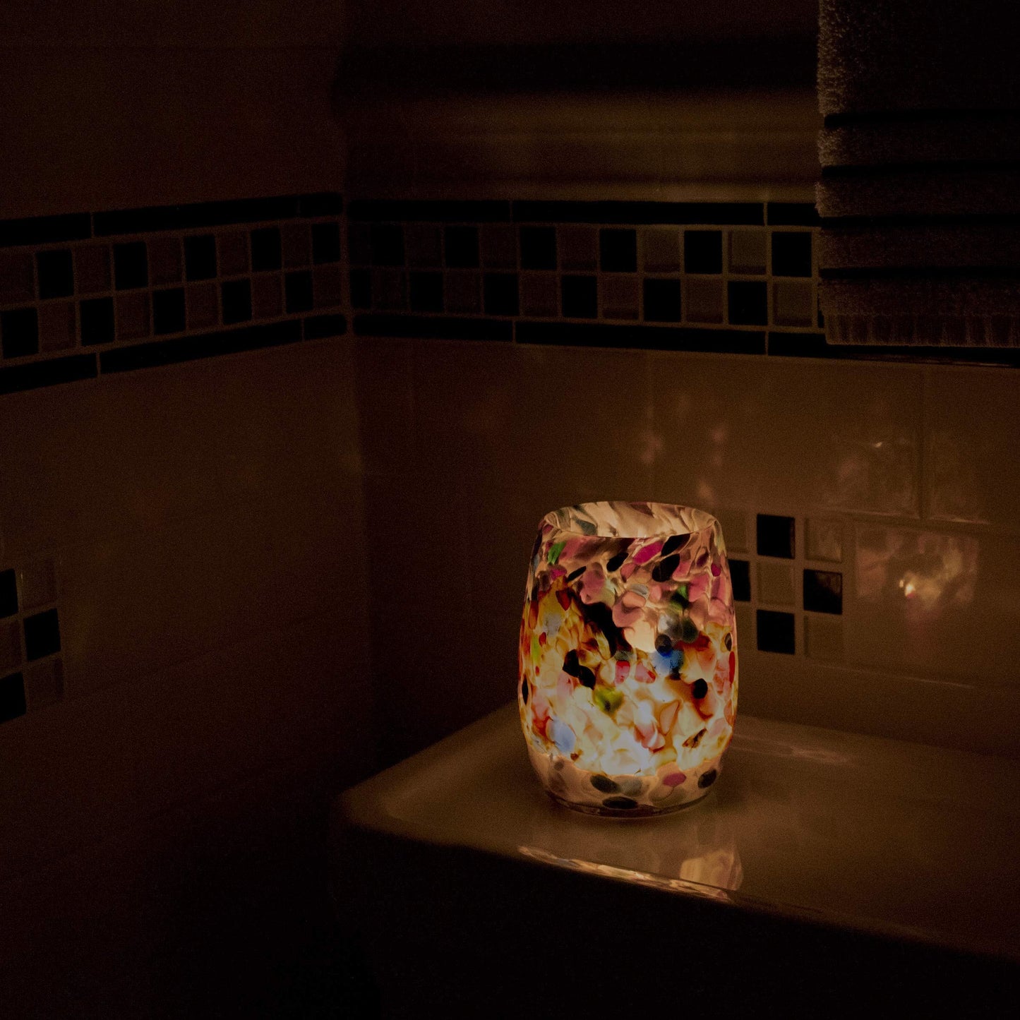 Totally Blown Glassworks Votive Candle Holder, Tea-Light, Handmade Blown Glass, Accent Vase, Centerpiece, Home Decor, Artist Dehanna Jones, Seattle, WA. (Tan MM Jewels in the Sand)