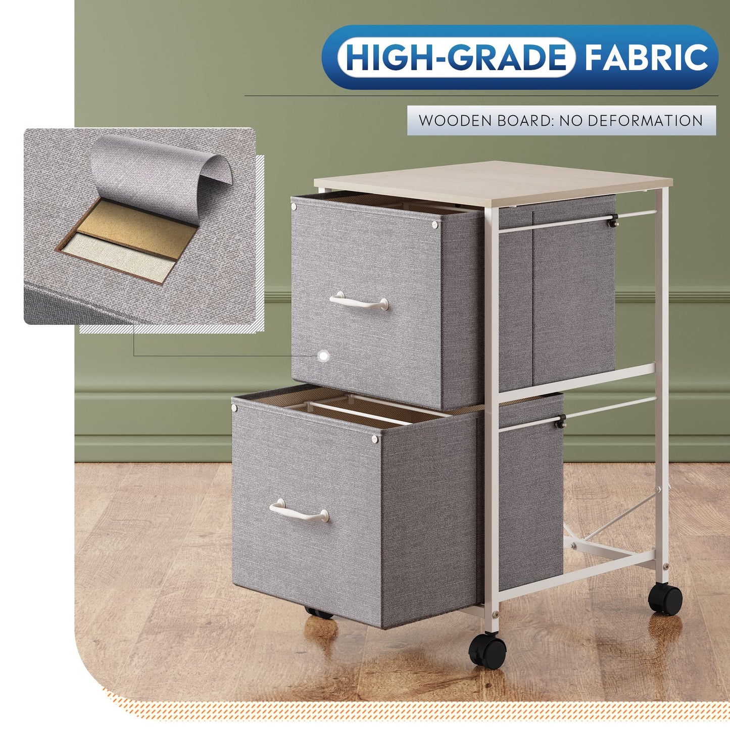 DEVAISE 2 Drawer Mobile File Cabinet, Rolling Printer Stand, Fabric Vertical Filing Cabinet fits A4 or Letter Size for Home Office, Light Grey