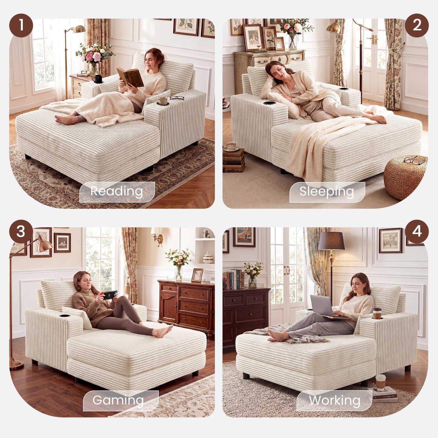 GRUSIGN 64" Chaise Lounge Chair Indoor, Oversized Sleeper Chair with Wood Frame, Corduroy Bedroom Couch, Reading Chair for Living Room, Deep Seat Sofa Bed with 2 Cup Holders