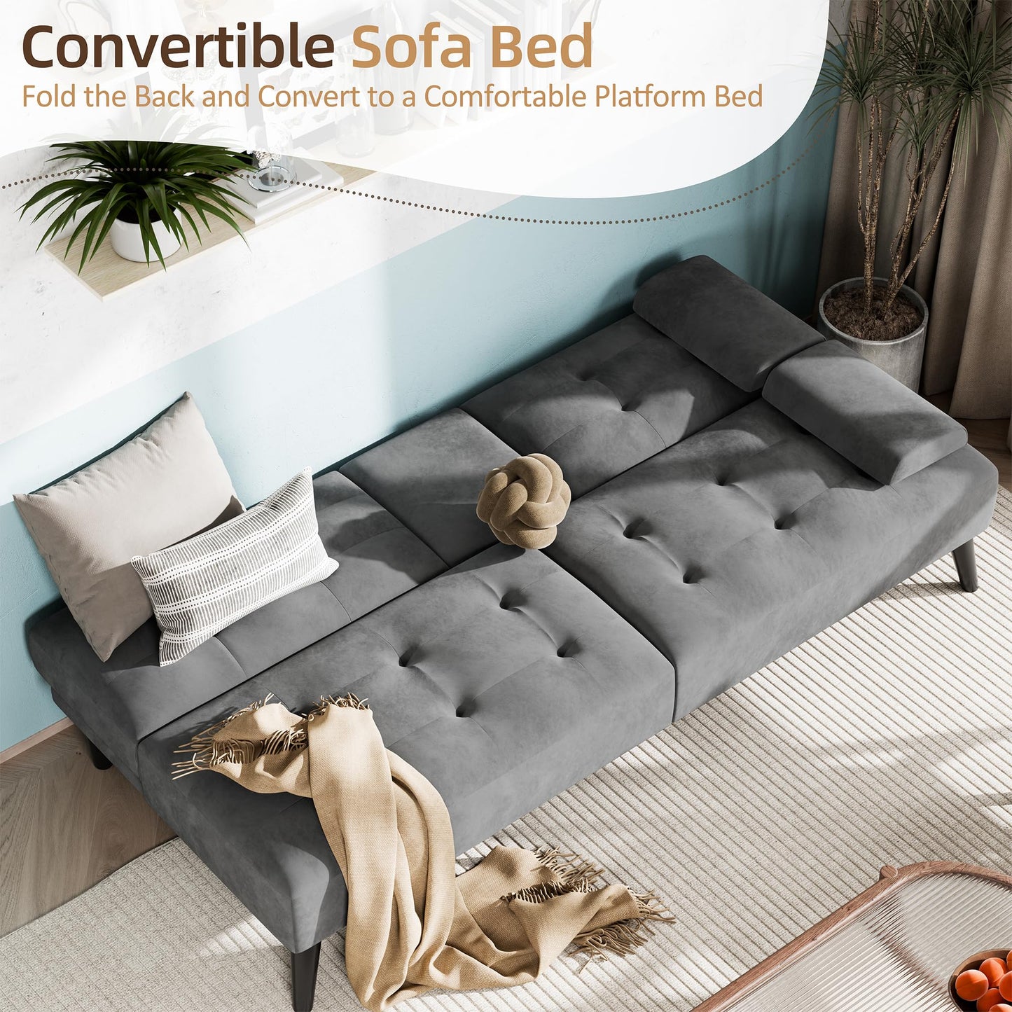 Shintenchi Futon Sofa Bed, Velvet Foldable Couch, Reclining Sleeper with Removable Armrests, Upholstered Loveseat Sofa Couch with Folding Cup Holders for Home, Office, Dark Grey