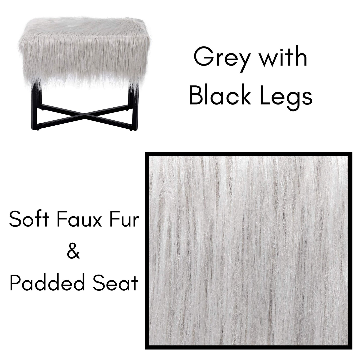 BIRDROCK HOME Rectangular Faux Fur Vanity Foot Stool Ottoman with Metal Legs - Small Soft Padded and Fluffy Makeup Seat or Foot Rest for Bedroom, Desk, or Dressing Table (Gray and Black)