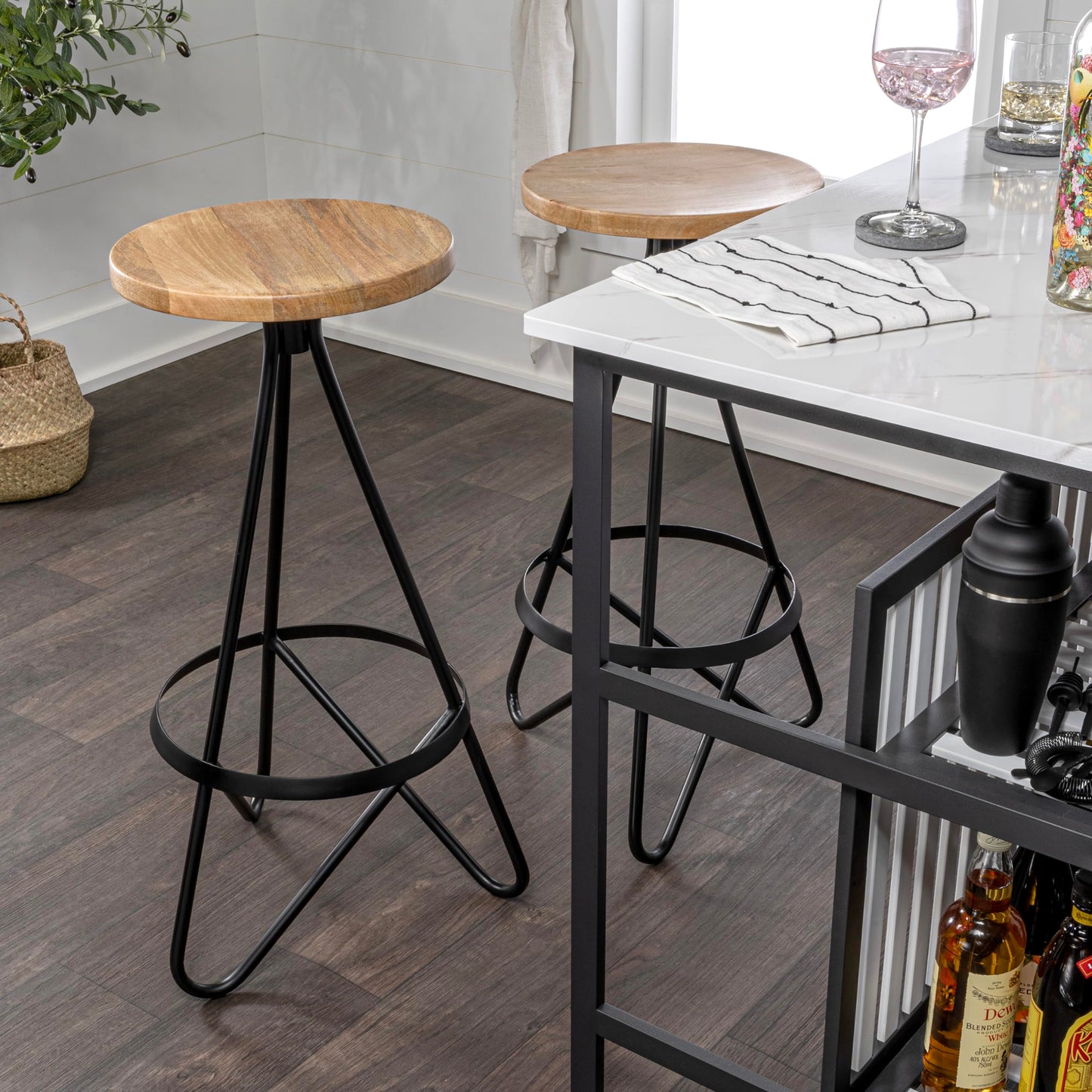 JONATHAN Y Spiroa 30" Modern Wood Backless Bar Stool, Natural Brown & Black Iron Hairpin Leg Bar Chair with Footrest for Kitchen Island and Home Bar, Minimalist Design BSL1000E