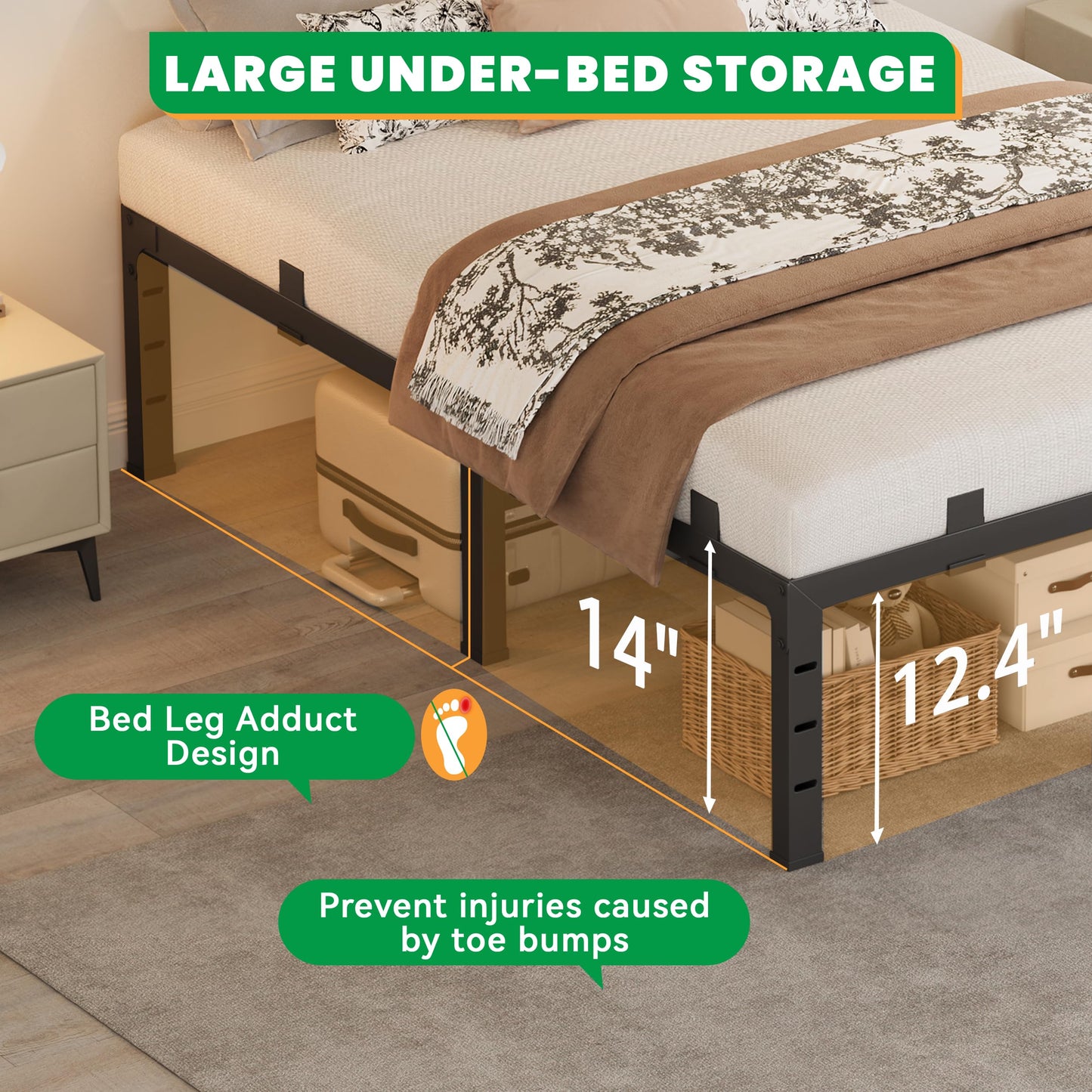 Anyroom 14 Inch Full Size Bed Frames, Heavy Duty Metal Platform 3500 lbs Capacity, No Box Spring Needed, 6 Mattress Slide Stopper, Headboard Holes, Noise-Free, Easy Assembly