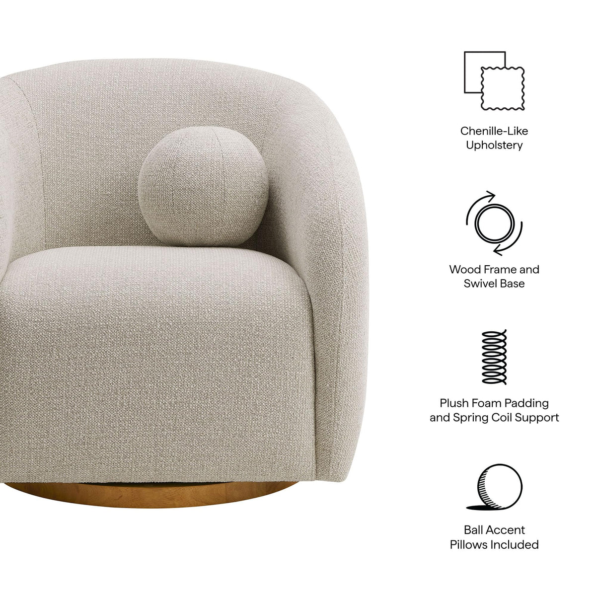 Modway Holland Curved Swivel Armchair in Dove Gray – Chenille Fabric Barrel Chair with Ball Throw Pillow and Wood Base – Mid-Century Modern Curved Living Room Accent Chair