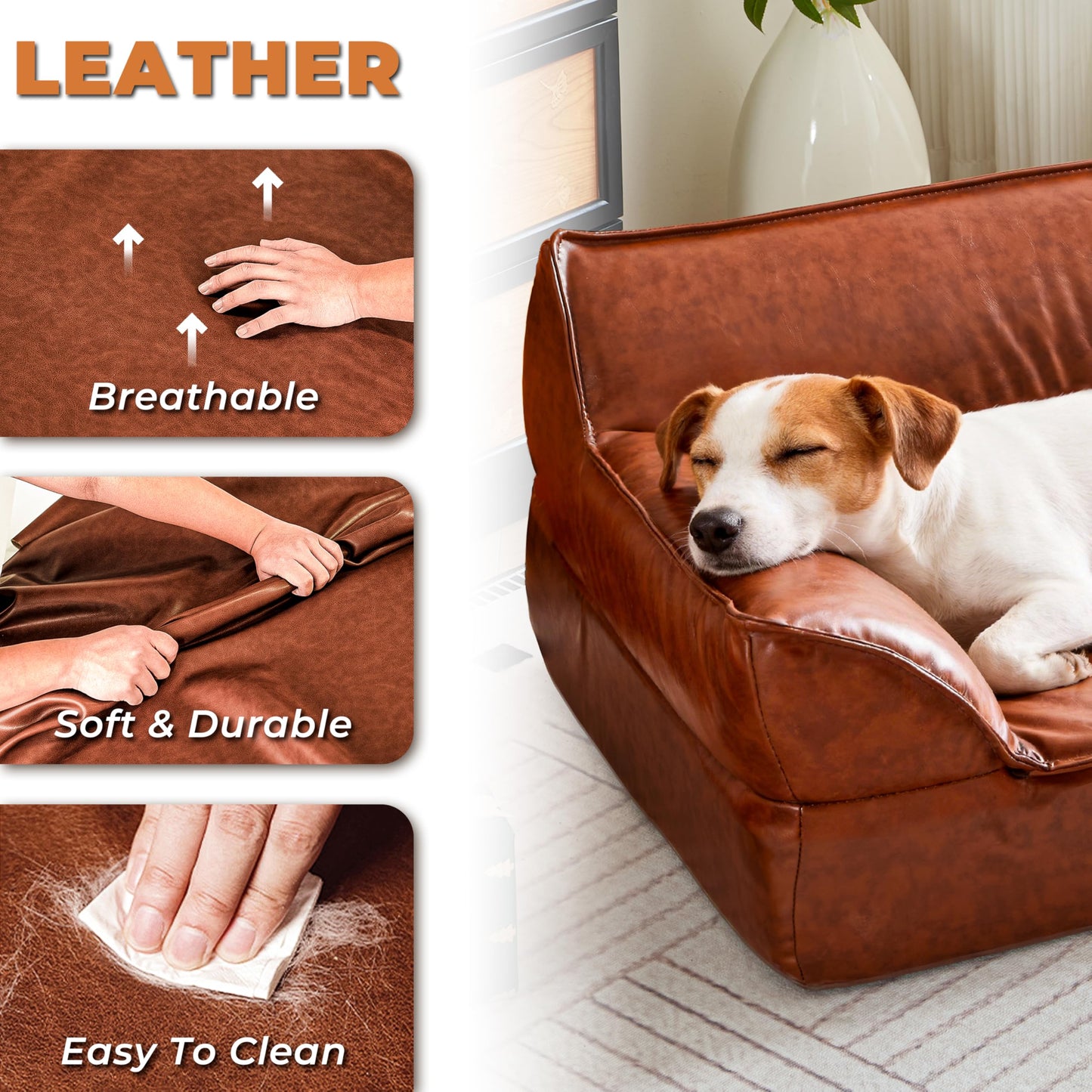 ATJafurn Dog Couch Bed Leather Cat Sofa for Small and Medium Pets Under 50 lbs, Brown Mid Century Modern Elevated Dog Sofa Chair Luxurious Indoor Furniture Style Pet Supplies for Puppy