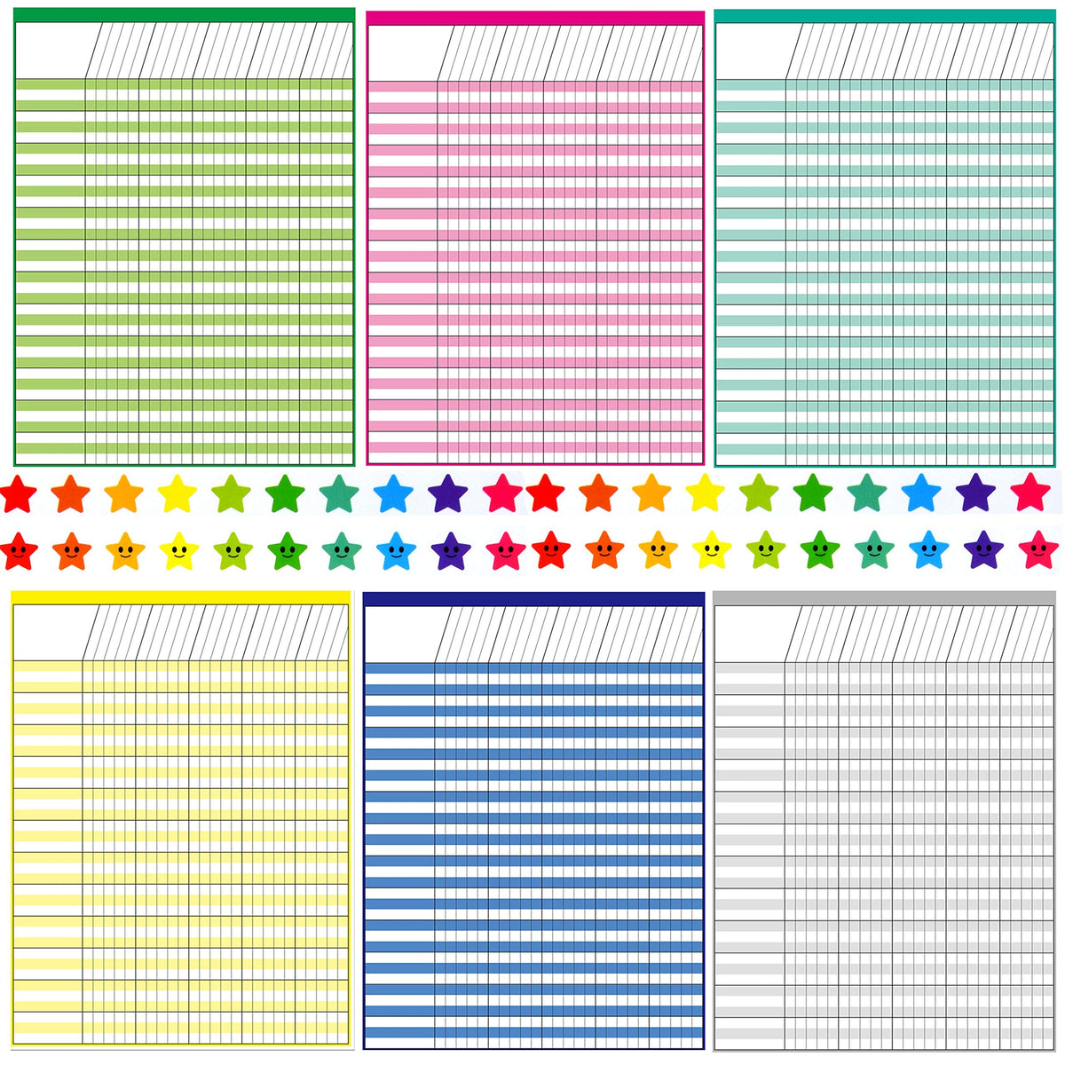 Youngever 6 Pack Multi-Color Laminated Dry Erase Incentive Chart with 120 Reward Star Stickers for Chore Responsibility, School Attendance, Homework Progress Tracking Chart (17 Inch x 22 Inch)