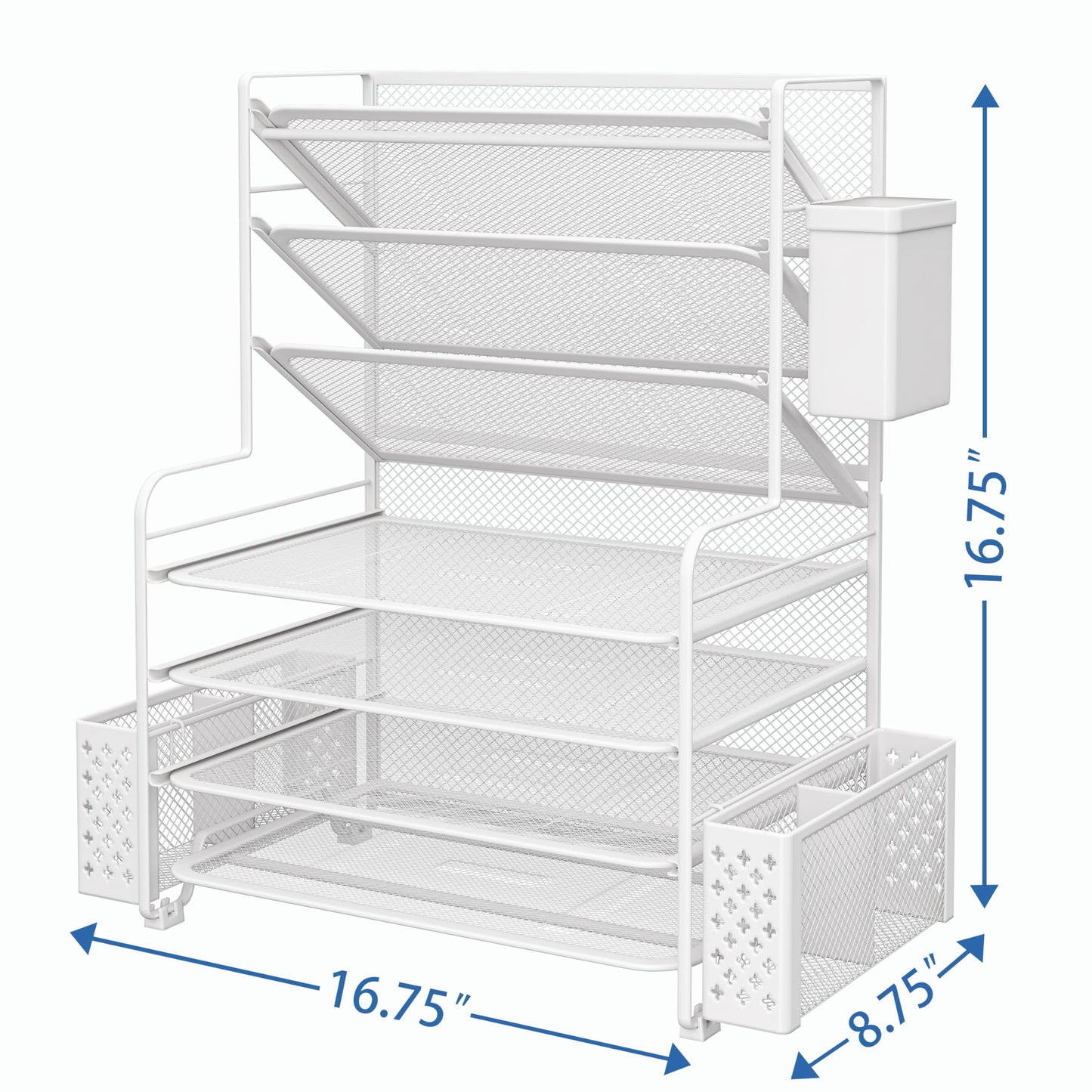 Simple Trending 7 Tier Desk File Organizer, Letter Tray Paper Organizer with Pen Holder and Metal Hanging Basket, White