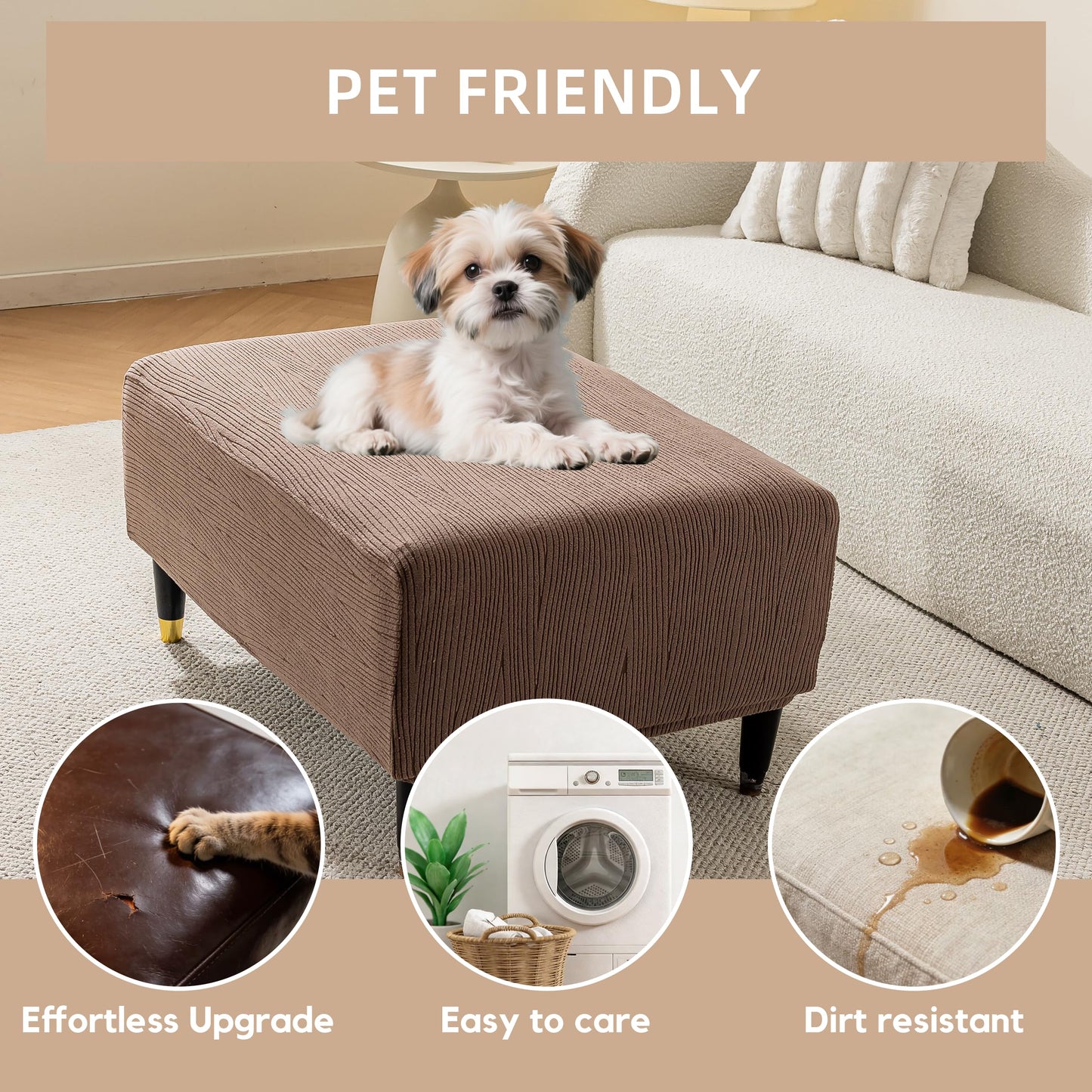 KaviKon Ottoman Cover Slipcover Rectangle Fit Length 25"-30" Stretch Foot Stool Slip Cover, Footrest Slipcovers Protector with Elastic Band, Ottoman Cover Removable Washable(Small,Slanted Rib Coffee)