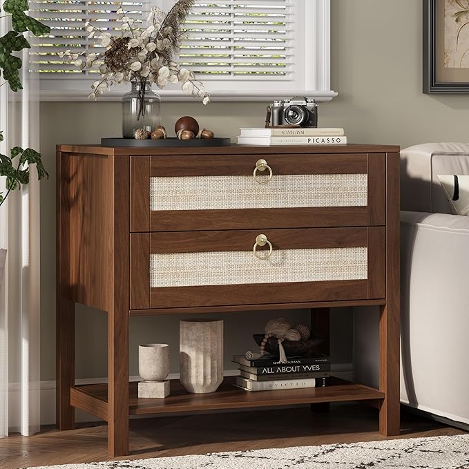 Xixini Nightstand Set of 2, Rattan Boho Bedside Table