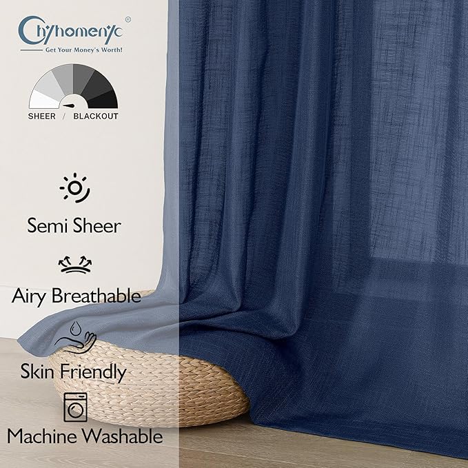 Chyhomenyc Navy Blue Semi Sheer Curtains 84 Inches Long 2 Panels Set, Light