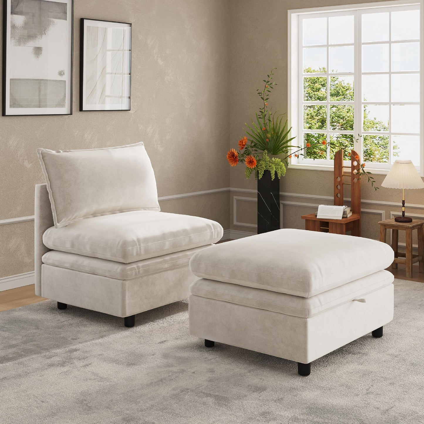 Attalee Single Armchair with Storage Ottoman, Modern Chenille Deep Seat Cloud Couch with Convertible Chaise, Upholstered Sofa Set for Living Room and Bedroom, Beige