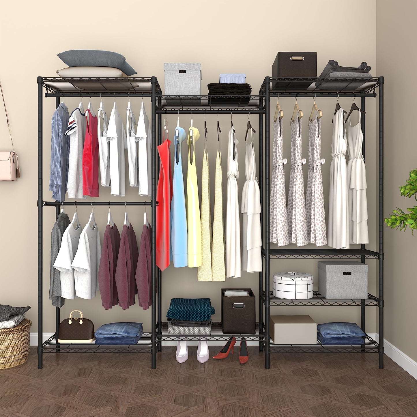 Serxis Heavy Duty Clothes Rack,Freestanding Clothing Shelf,Metal Garment Rack,Adjustable Custom Closet Shelf, 75" L x 13.8" W x 75.2" H, Max Load 800LBS, Large(Black)