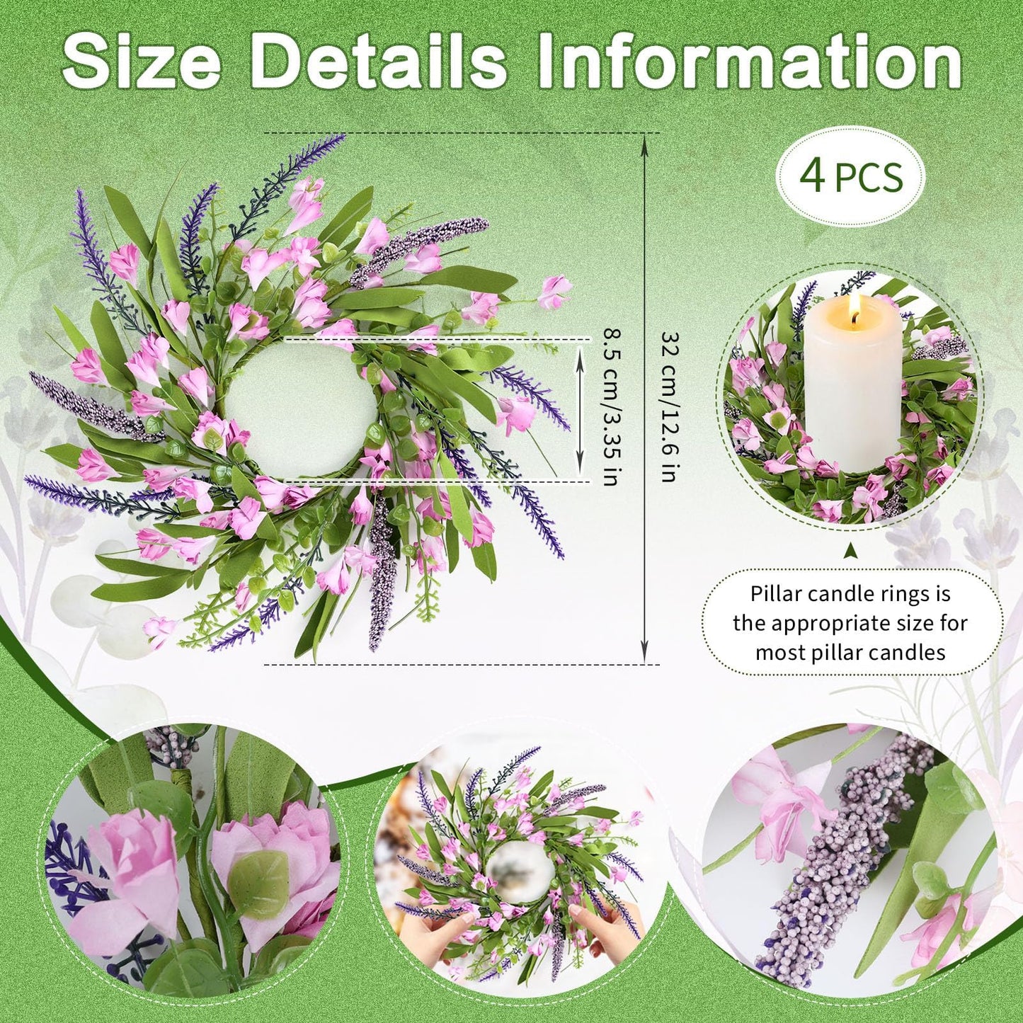 4 PCS Spring Summer Artificial Flowered Wreath Candle Rings Forsythia Lavender Candle Rings Pillar Holder Wreath Mini Floral Candle Rings Wreaths Kitchen Cabinet Swags for Wedding Home Tabletop Decor