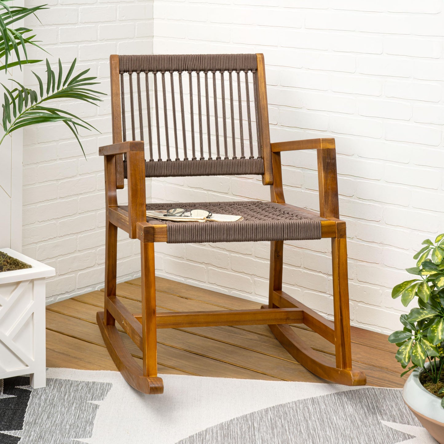 JONATHAN Y Laguna Solid Acacia Wood Outdoor Rocking Chair with Brown Woven Rope, Coastal Porch Rocker for Patio, Balcony and Living Room, 24" x 32" x 38", 352 lbs Capacity RCK103C