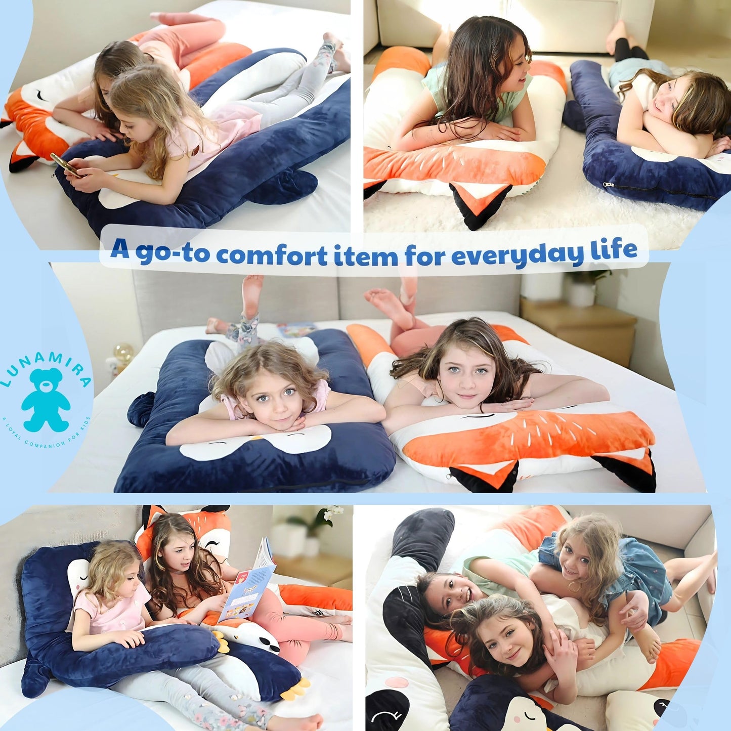 LUNAMIRA Penguin Kids Body Pillow - 47" U-Shape Long Plush Animal Pillow for Kids, Sleeping, Reading, ADHD & Special Needs Comfort, Anxiety, Washable Cover, Snuggle Fun Cuddle Gift for Boys & Girls