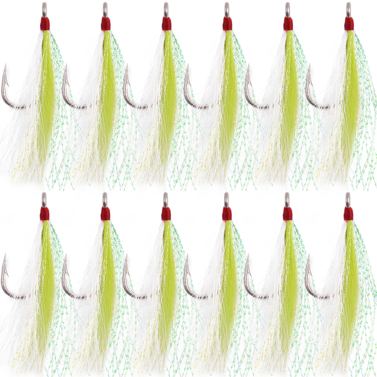 Bucktail Teasers Fishing Hooks Saltwater Flounder Rig Bucktail Mylar Teasers Inserted Stainless Steel Fishing Teaser Hooks for Striped Bass Trout Catfish Cod Flounder Hi/Lo Rig Jigs Spoons Lures