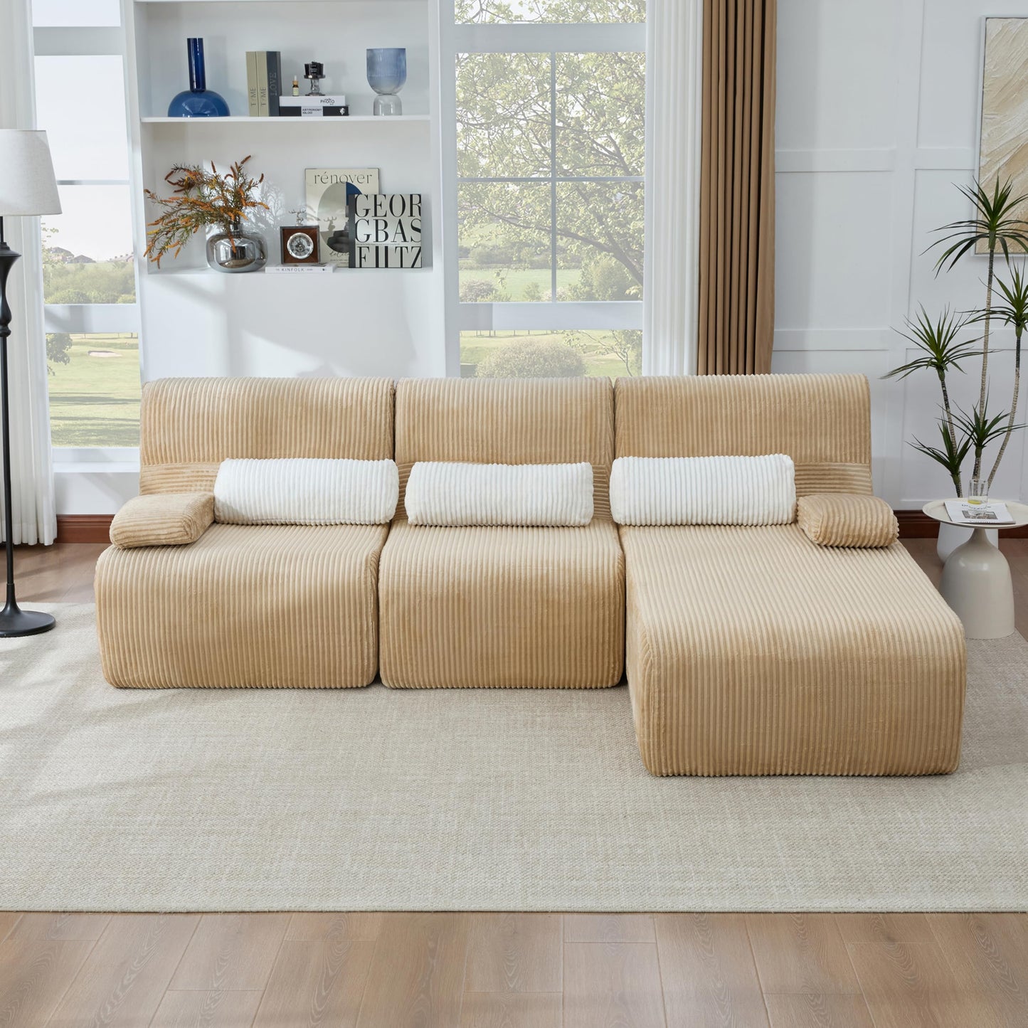 Merax Modern 98 Inch L-Shaped Convertible Sofa with Chaise and Pillows, Boneless 3-Seat Sectional Sofa Couch with Ergonomic Curved Seat & Backrest, Couch Set for Living Room, Coffee