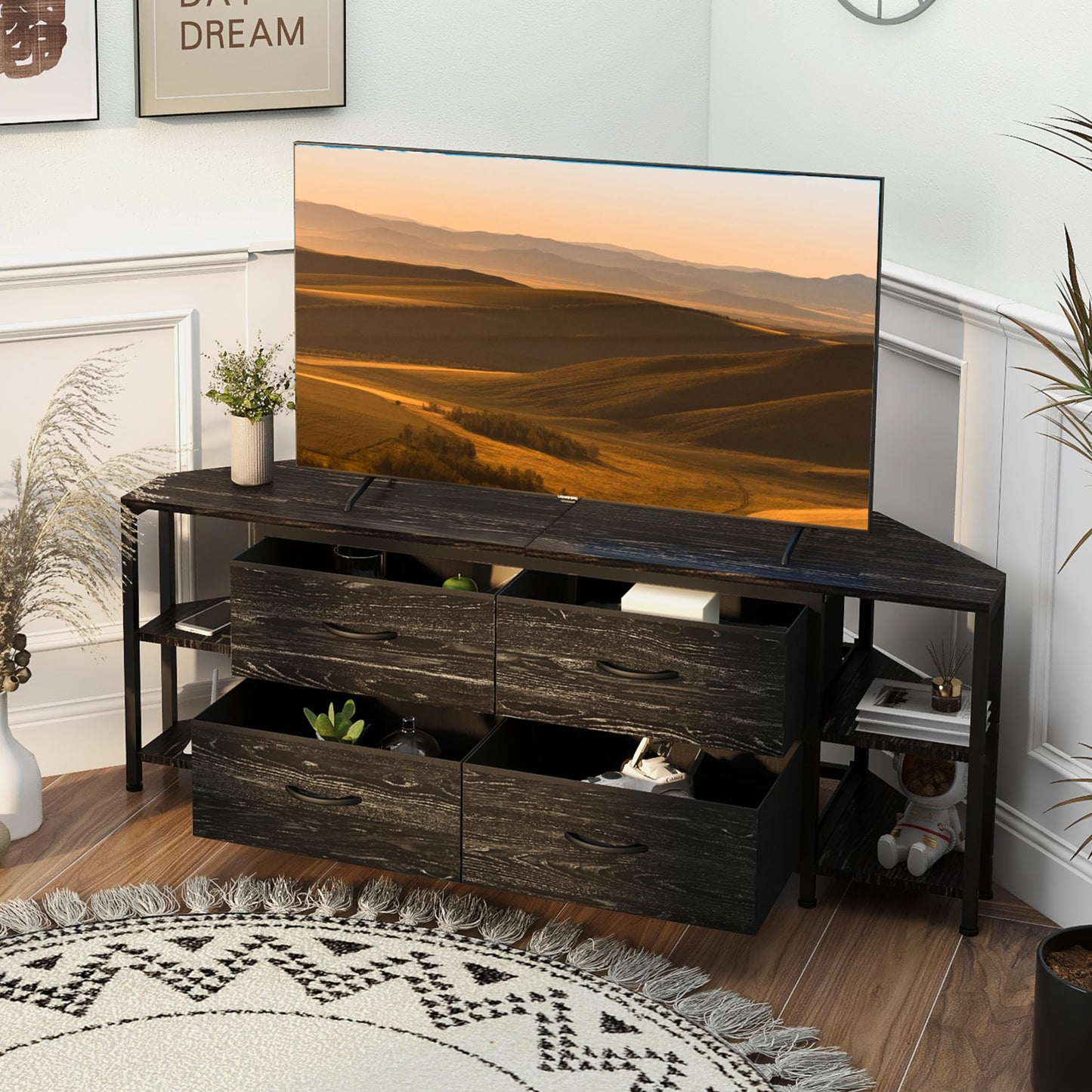 EXOTICA Corner TV Stand for 55 inch TV with Drawer and Charge Station Black Corner Entertainment Center for Living Room Modern Corner Console Table with 4 Open Storage Shelves Metal Frame