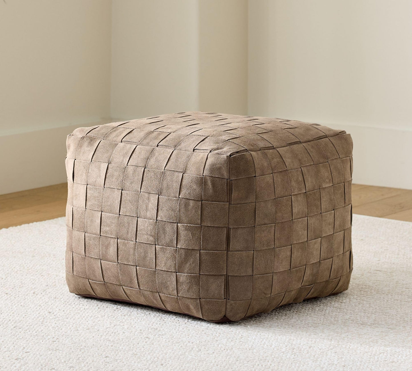 Luxury Handcrafted Suede Basketweave Pouf Ottoman – Soft & Durable Floor Cushion, Footrest, and Accent Seating for Living Room, Bedroom, & Office – Stylish Modern Home Décor (Brindle, 18" x 18" x 14")