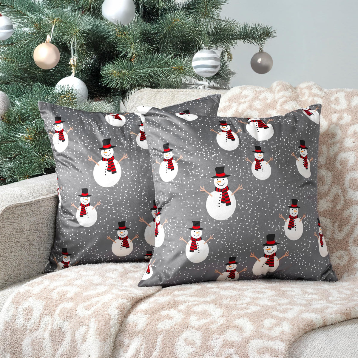 PAVILIA Holiday Velvet Fleece Throw Pillow Covers 20x20 Set of 2, Soft Decorative Cushion Covers for Couch Sofa Bed, Christmas Winter Square Accent Pillow Cases with Hidden Zipper, Snowman Gray