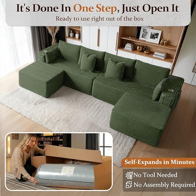 138" Cloud Sectional Couch, Comfort U Shaped Sofa