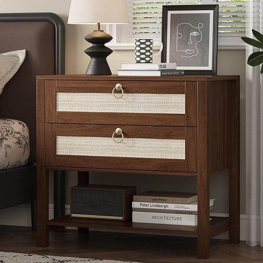 Xixini Nightstand wih 2 Drawers & Open Shelf, Small Mid Century Modern Night