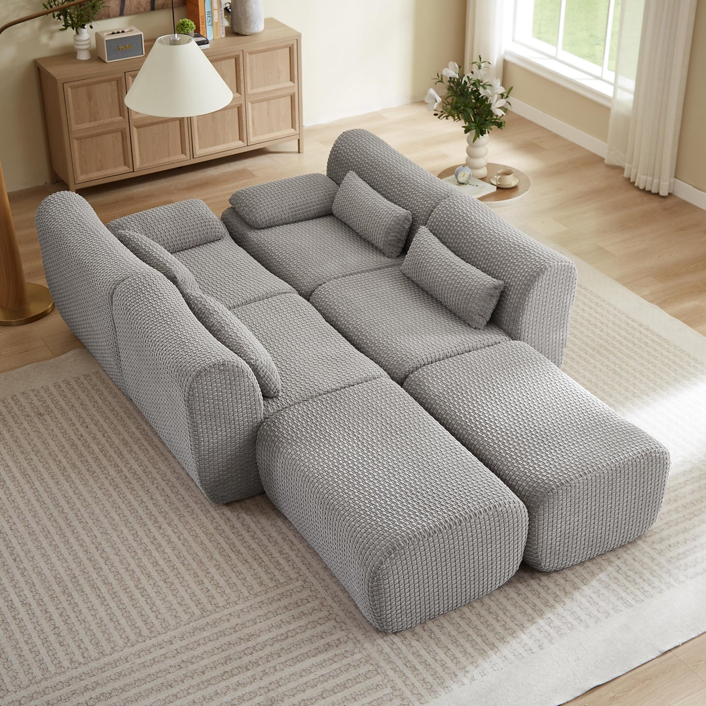 142" Oversized Cloud Sectional Couches Boneless Sofa for Living Room, Fluffy Corduroy Upholstered Corner Couch, Deep Seat Large Modular Sectional Sofa with Ottomans for Living Room
