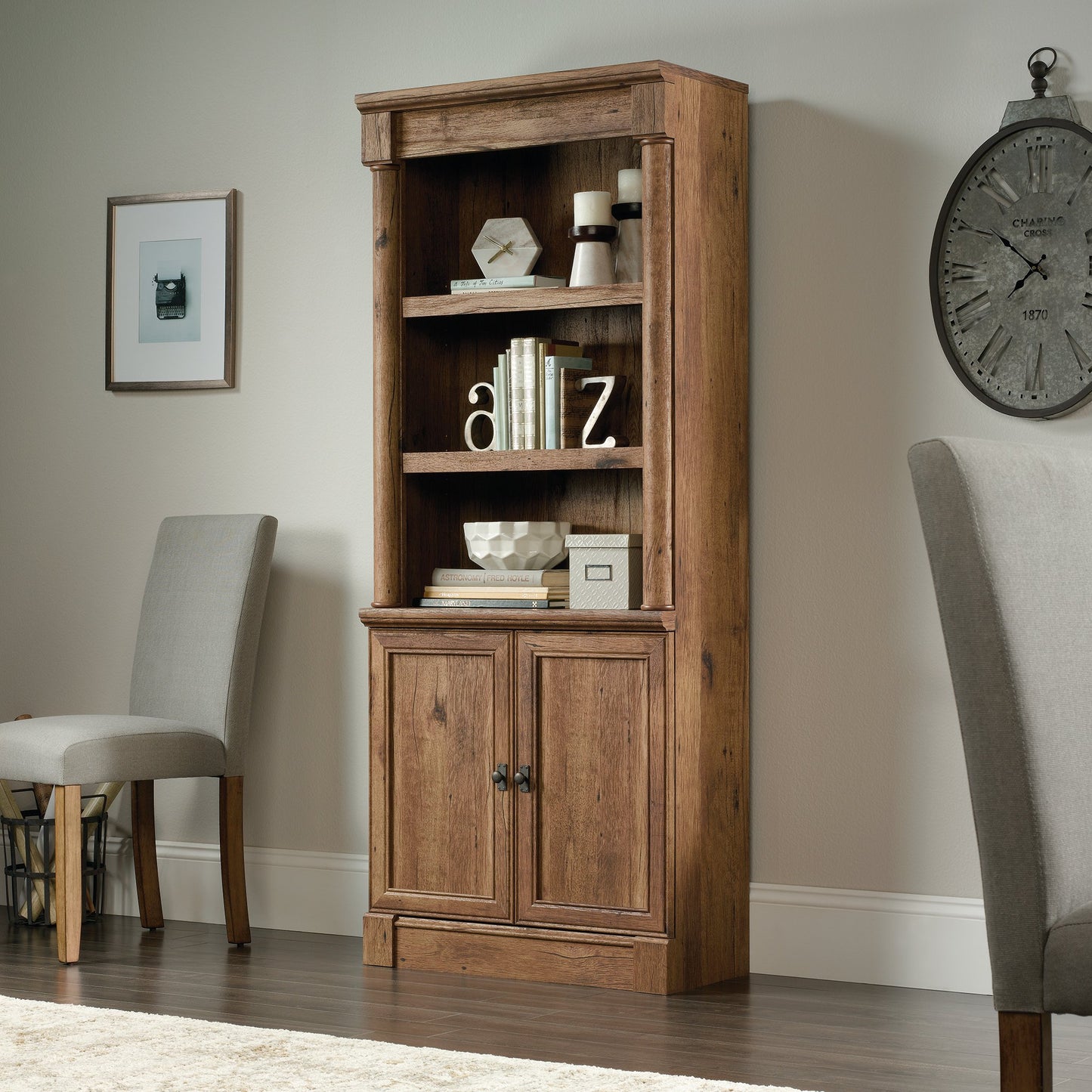 Sauder Palladia Library with Doors/Book Shelf Palladia Computer Desk, Vintage Oak Finish