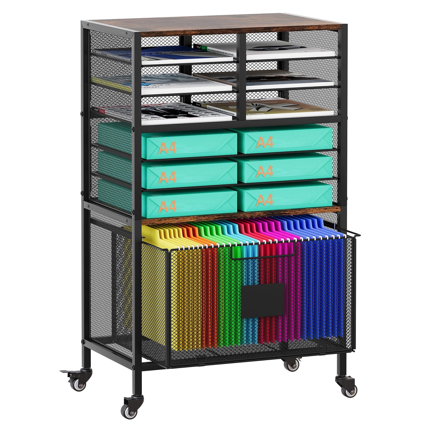 Solinxe 9 Slots Lateral File Cabinet with Drawer, Mobile Filling Cabinet with Open Storage Shelves, Hanging File Folder For Letter Size Folders, Metal Bookshelf Organizer Cart for Office Home, Black