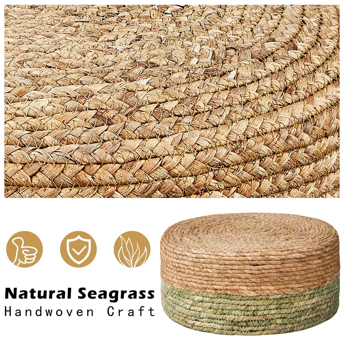 Cpintltr Ottoman Natural Seagrass Footrest Poufs Hand Weave Round Foot Stool for Couch Desk Soft Step Stool Padded Foot Rest with Pine Legs for Living Room Bedroom Natural/Green