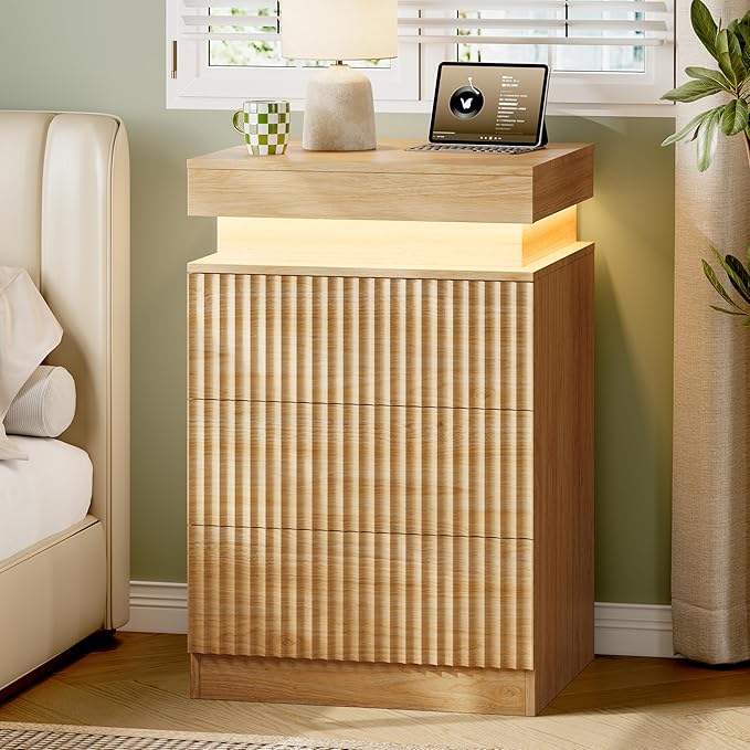 Xixini Nightstand with Charging Station and LED Lights, Fluted Night Stand with