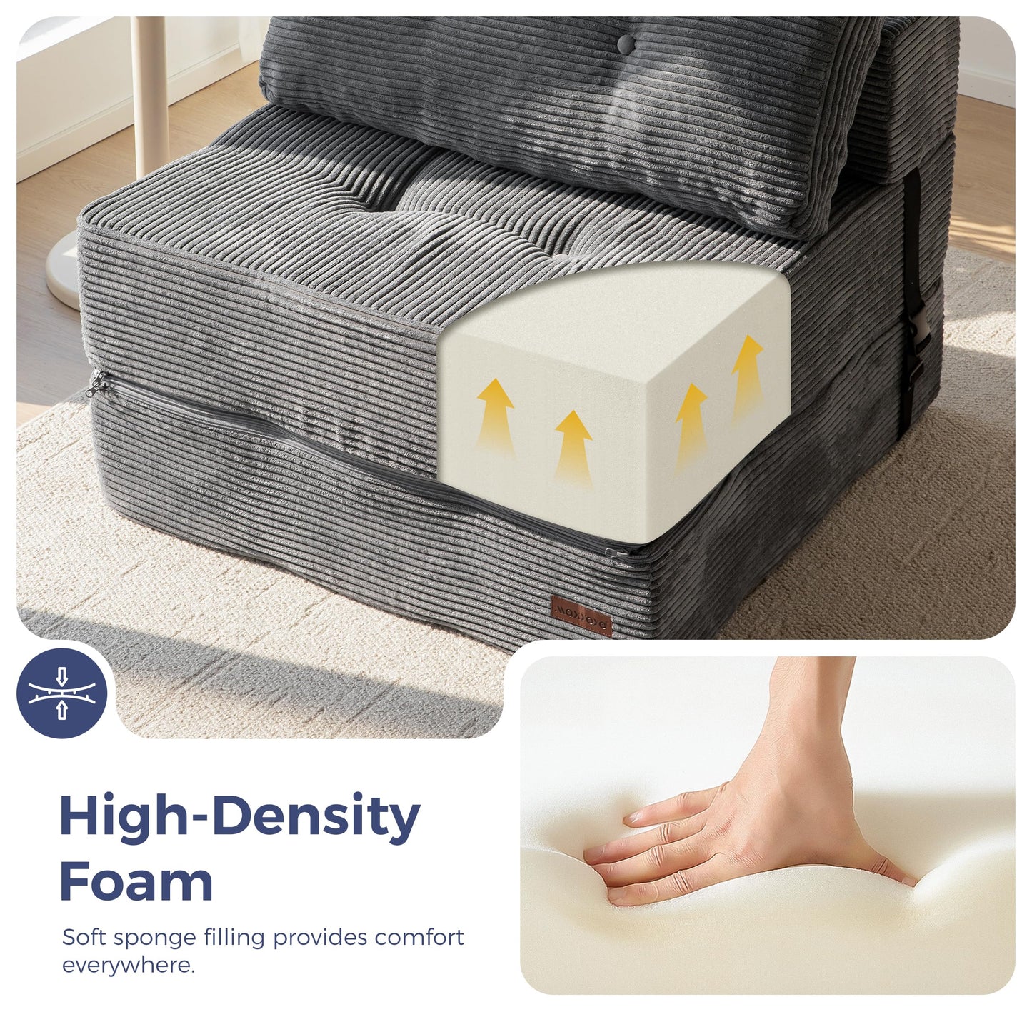 MAXYOYO Folding Sofa Bed, Convertible Sofa Bed with High-Density Support Foam, Portable 4 in 1 Fold Out Chair to Floor Lounger, Versatile Floor Couch for Living Room Bedroom, Dark Grey