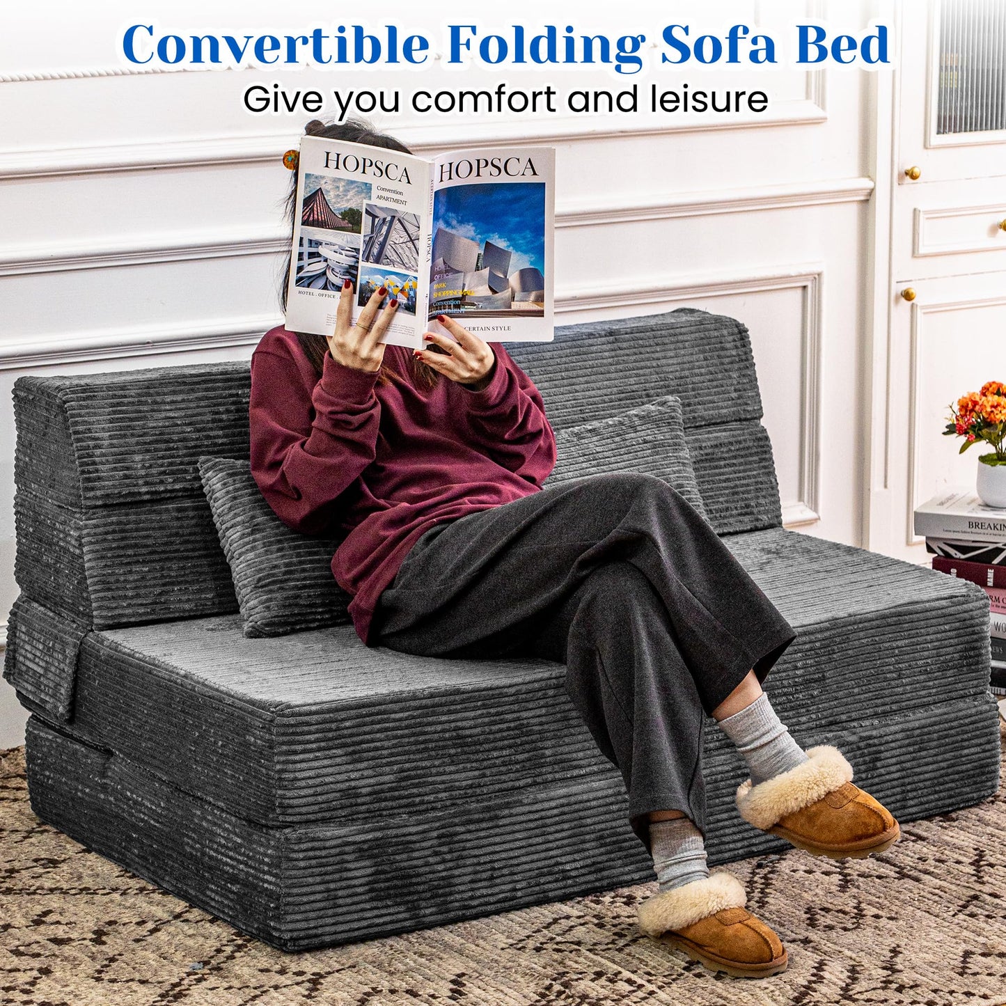 Cvortll Folding Sofa Bed, Convertible Sleeper Chair with Pillow, High Density Memory Foam Fold Out Couch, Foldable Mattress Futon Sofa for Living Room/Dorm/Guest Use/Apartment/Home Office